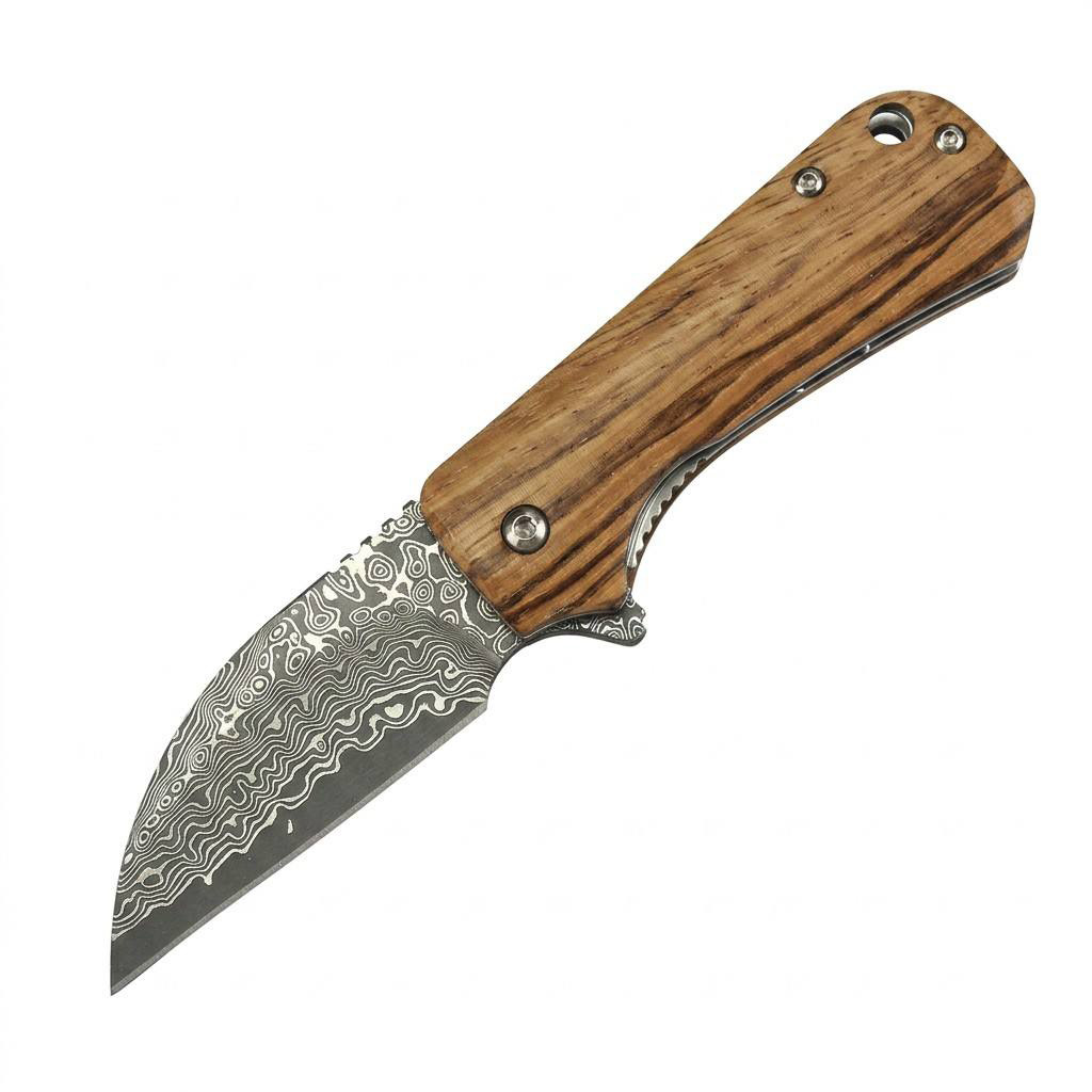 Tunafire Mini EDC Pocket Knife GT-DM022 Damascus Steel Folding Knife Zebra Wood Handle Ball Bearing Portable Everyday Carry Knife