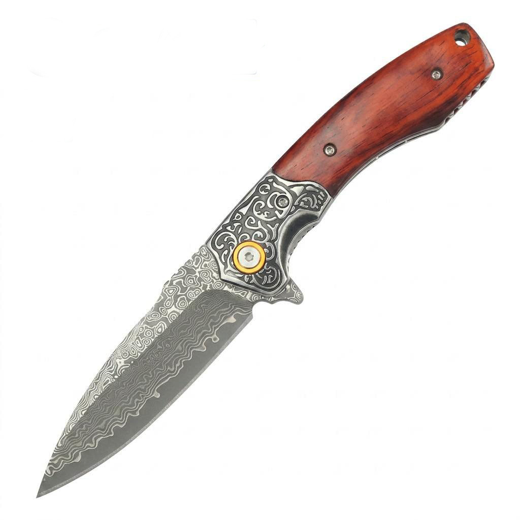 Tunafire GT-DM023 Damascus Steel Folding Pocket Knife Natural Rosewood Handle Ball Bearing Smooth Open EDC Knife