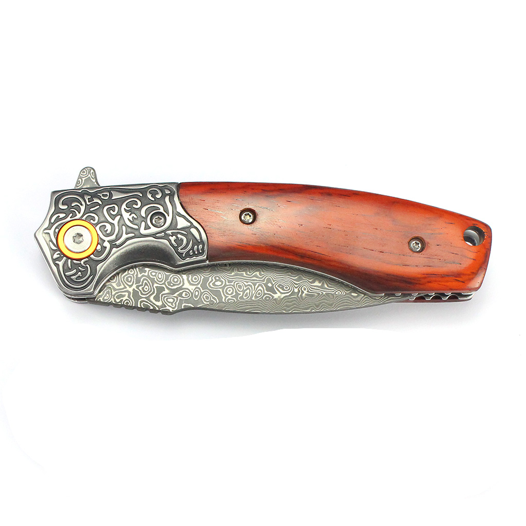 Tunafire GT-DM023 Damascus Steel Folding Pocket Knife Natural Rosewood Handle Ball Bearing Smooth Open EDC Knife