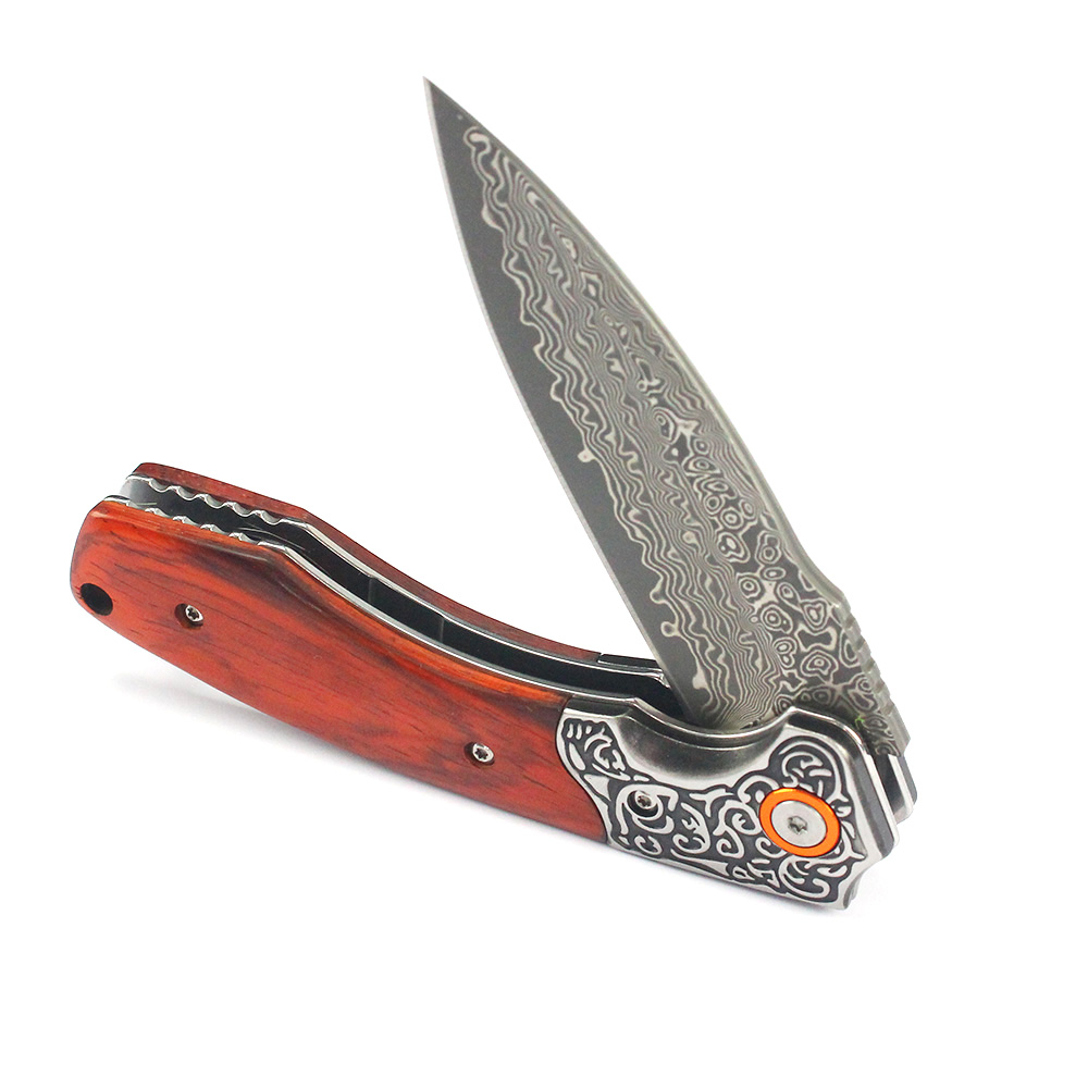 Tunafire GT-DM023 Damascus Steel Folding Pocket Knife Natural Rosewood Handle Ball Bearing Smooth Open EDC Knife