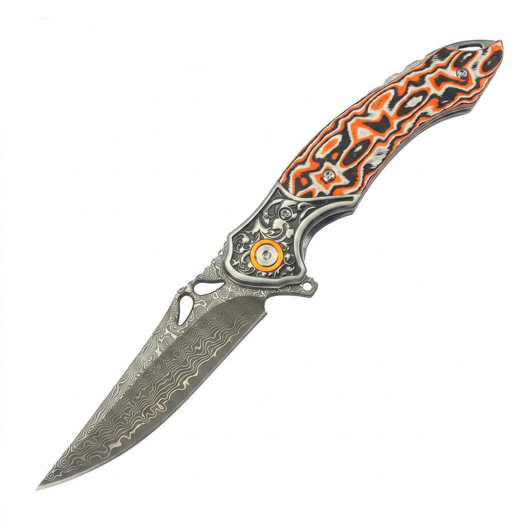 Tunafire GT-DM024 Flipper Folding Knife 3.27" Damascus steel Blade Orang white fiber Handle Survival Camping Pocket Knife