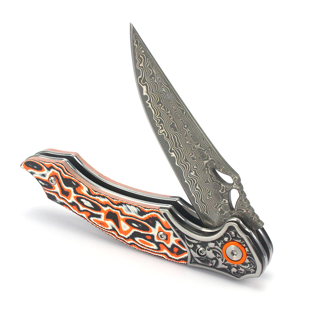 Tunafire GT-DM024 Flipper Folding Knife 3.27" Damascus steel Blade Orang white fiber Handle Survival Camping Pocket Knife