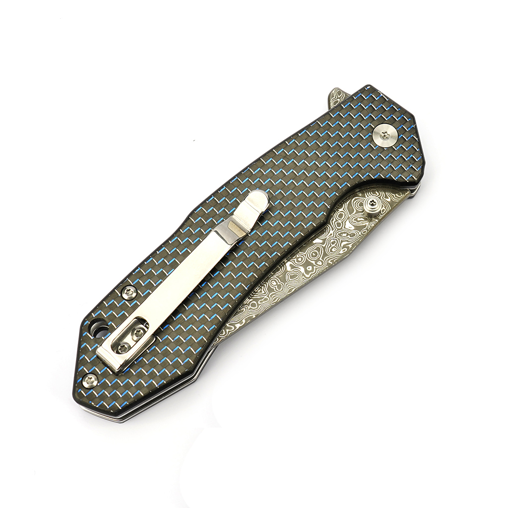 Tunafire Knife GT-T0034-1 3.39"Damascus steel Blade Blue G10 Carbon Fiber Handle Button Liner Lock Folding Knives
