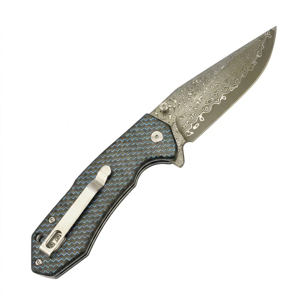 Tunafire Knife GT-T0034-1 3.39"Damascus steel Blade Blue G10 Carbon Fiber Handle Button Liner Lock Folding Knives
