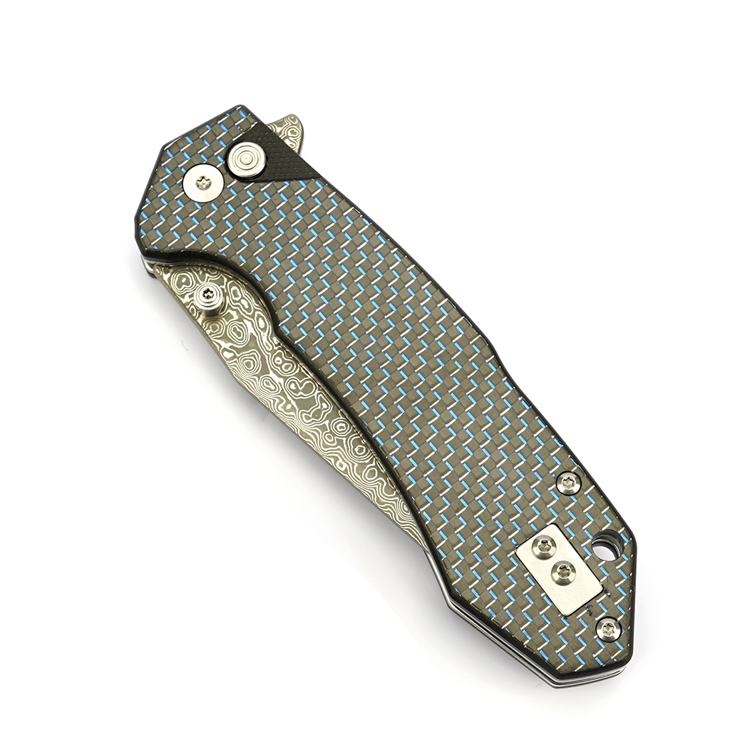 Tunafire Knife GT-T0034-1 3.39"Damascus steel Blade Blue G10 Carbon Fiber Handle Button Liner Lock Folding Knives