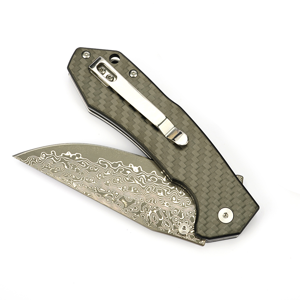 Tunafire Knife GT-T0034-1 3.39"Blade Portable Button Lock Damascus Folding Knife Black G10 Carbon Fiber Handle EDC Tool