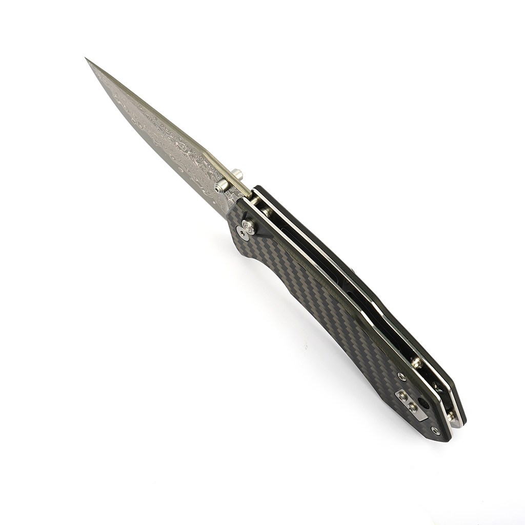 Tunafire Knife GT-T0034-1 3.39"Blade Portable Button Lock Damascus Folding Knife Black G10 Carbon Fiber Handle EDC Tool