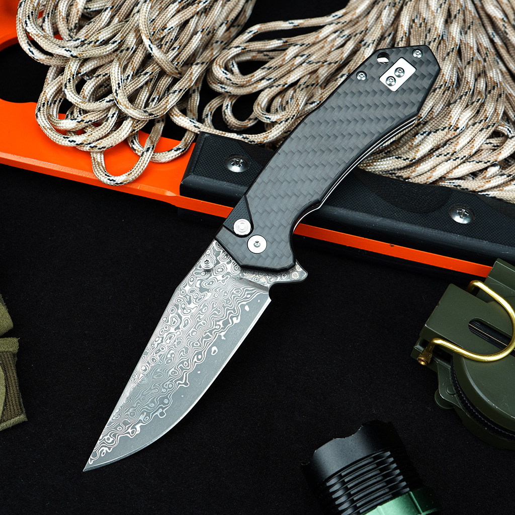 Tunafire Knife GT-T0034-1 3.39"Blade Portable Button Lock Damascus Folding Knife Black G10 Carbon Fiber Handle EDC Tool