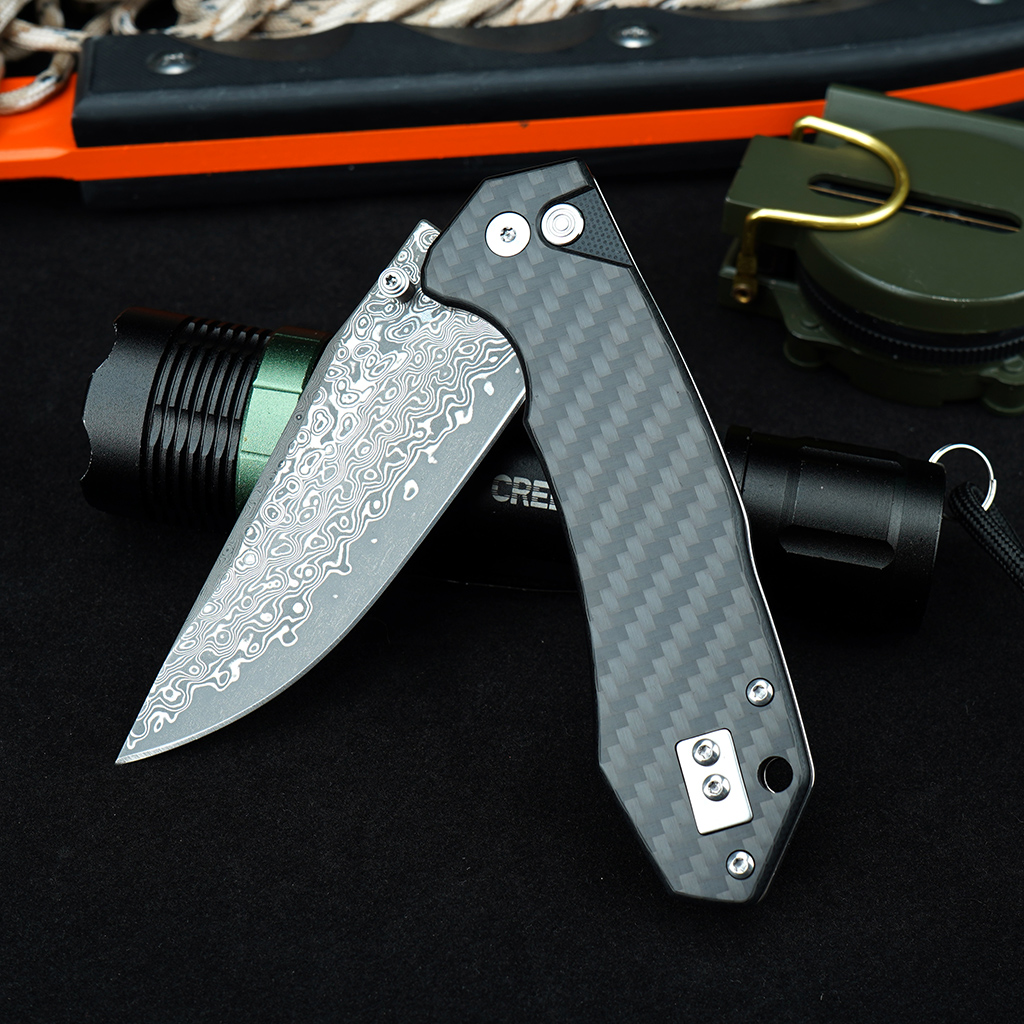 Tunafire Knife GT-T0034-1 3.39"Blade Portable Button Lock Damascus Folding Knife Black G10 Carbon Fiber Handle EDC Tool