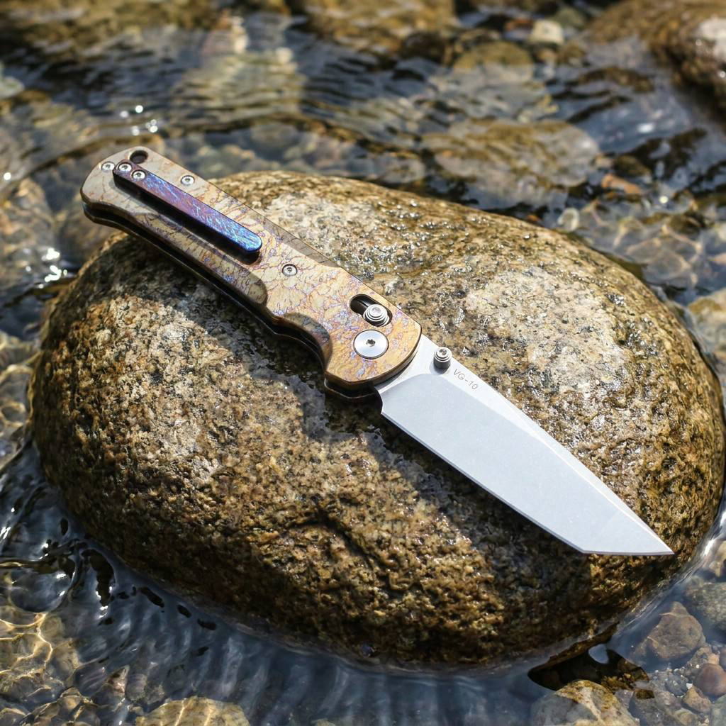 Tunafire GT-T0039-1 Tactical Folding Knife | VG-10 Stonewashed Blade | Lightning Pattern Titanium Handle| EDC Pocket Knives