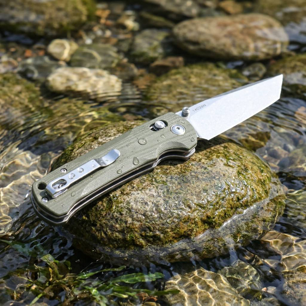 Tunafire Knife GT-T0041-1 Stone Wash14C28N Steel Blade G10 Green Handle Axial Lock Tactical Combat Folding Knife