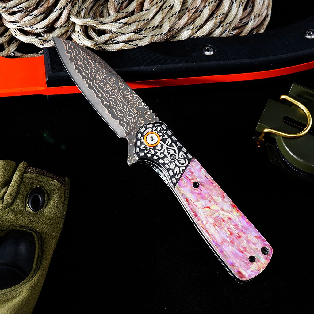 Tunafire Knife GT-DM049 Brass Damascus VG10 Core Pocket Knife Pastel Beads Handle Ball Bearing EDC Utility Knife Camping Knife Gift