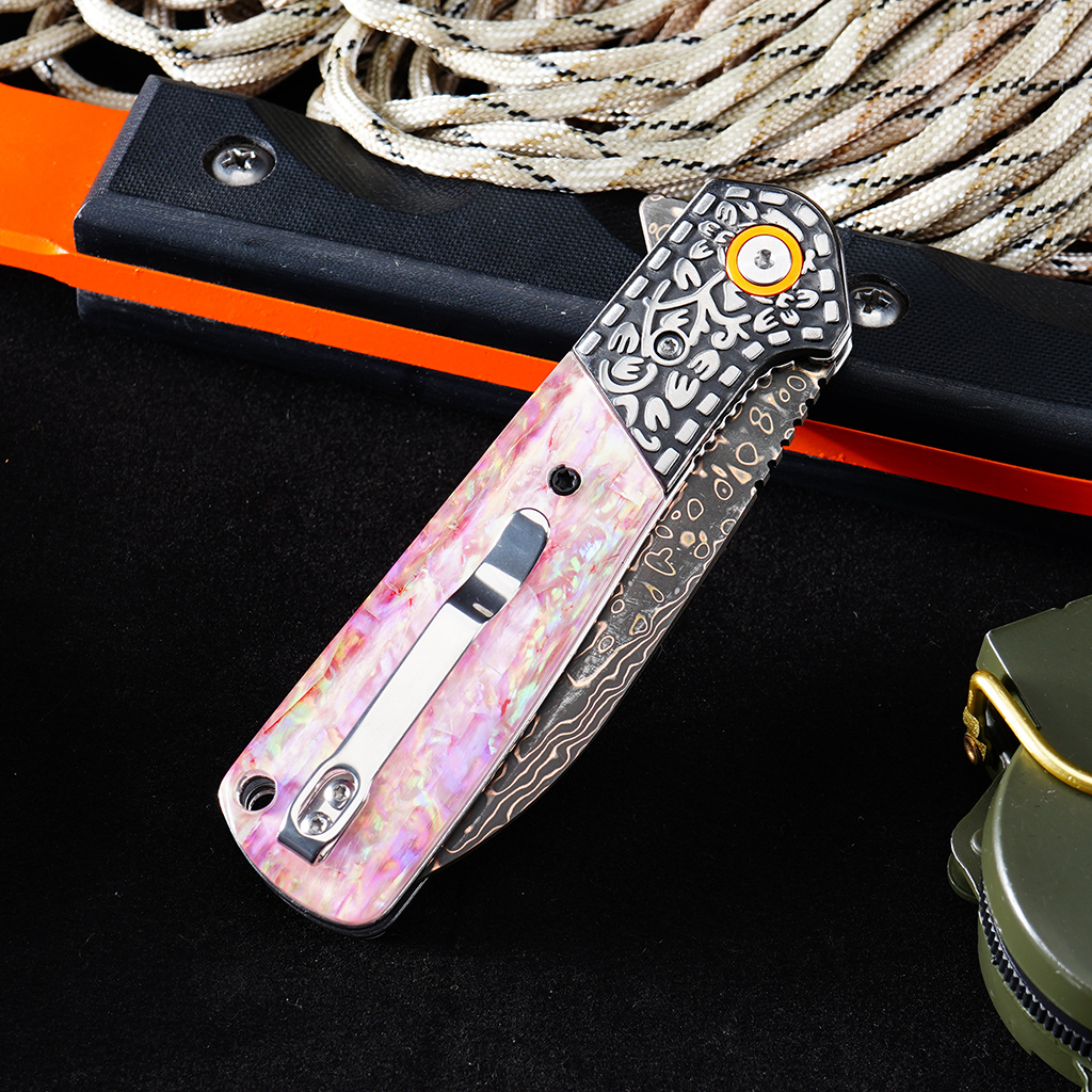 Tunafire Knife GT-DM049 Brass Damascus VG10 Core Pocket Knife Pastel Beads Handle Ball Bearing EDC Utility Knife Camping Knife Gift
