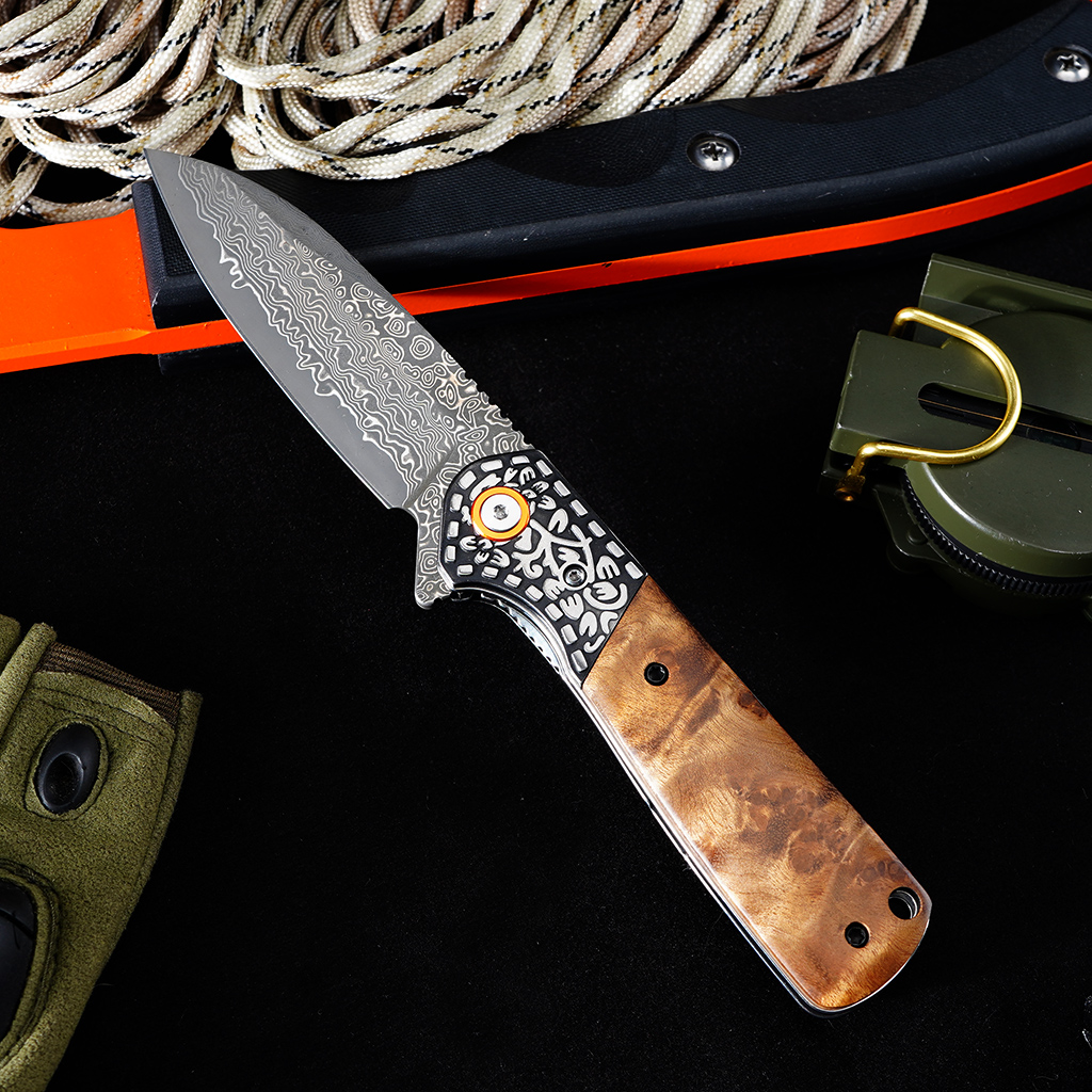Tunafire GT-DM050 EDC Pocket Folding Knife Ebony Wood Handle 3.31"Damascus Steel Blade Outdoor Survival Tool