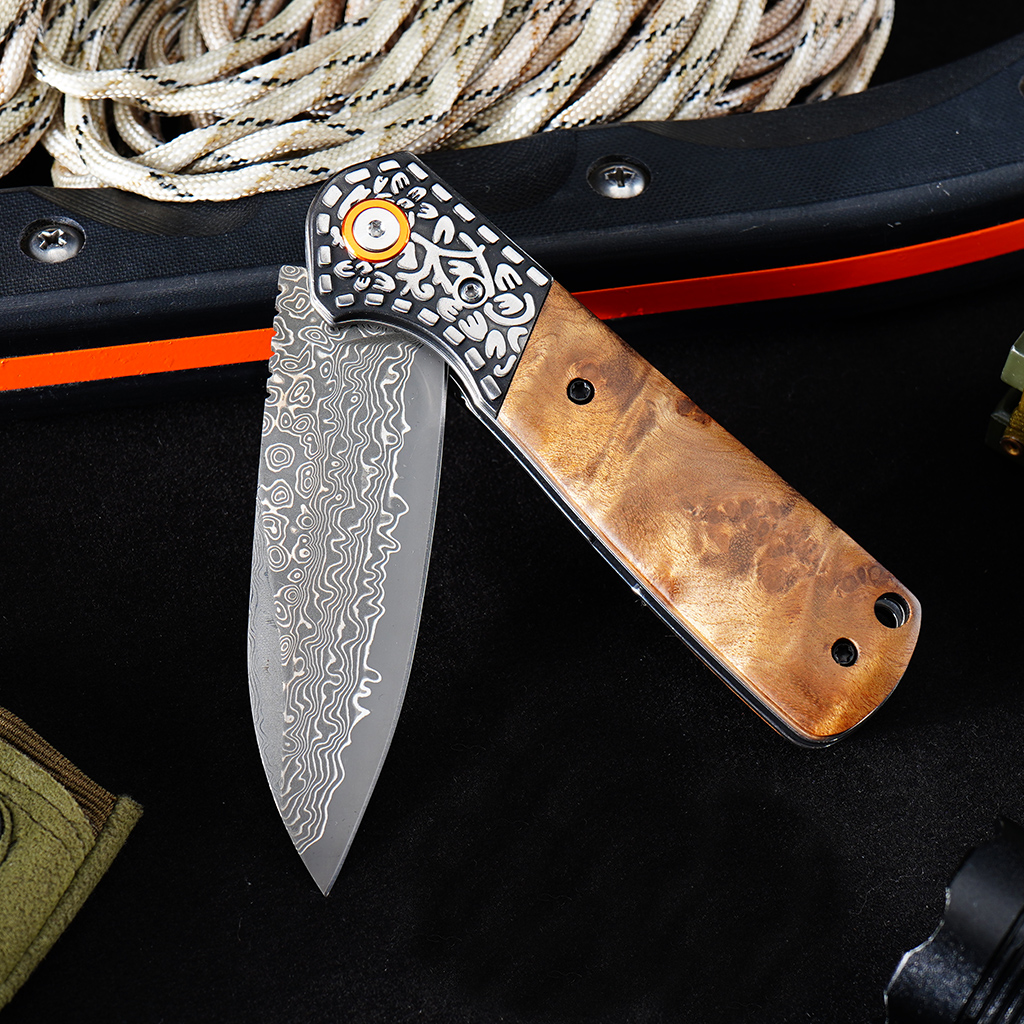 Tunafire GT-DM050 EDC Pocket Folding Knife Ebony Wood Handle 3.31"Damascus Steel Blade Outdoor Survival Tool