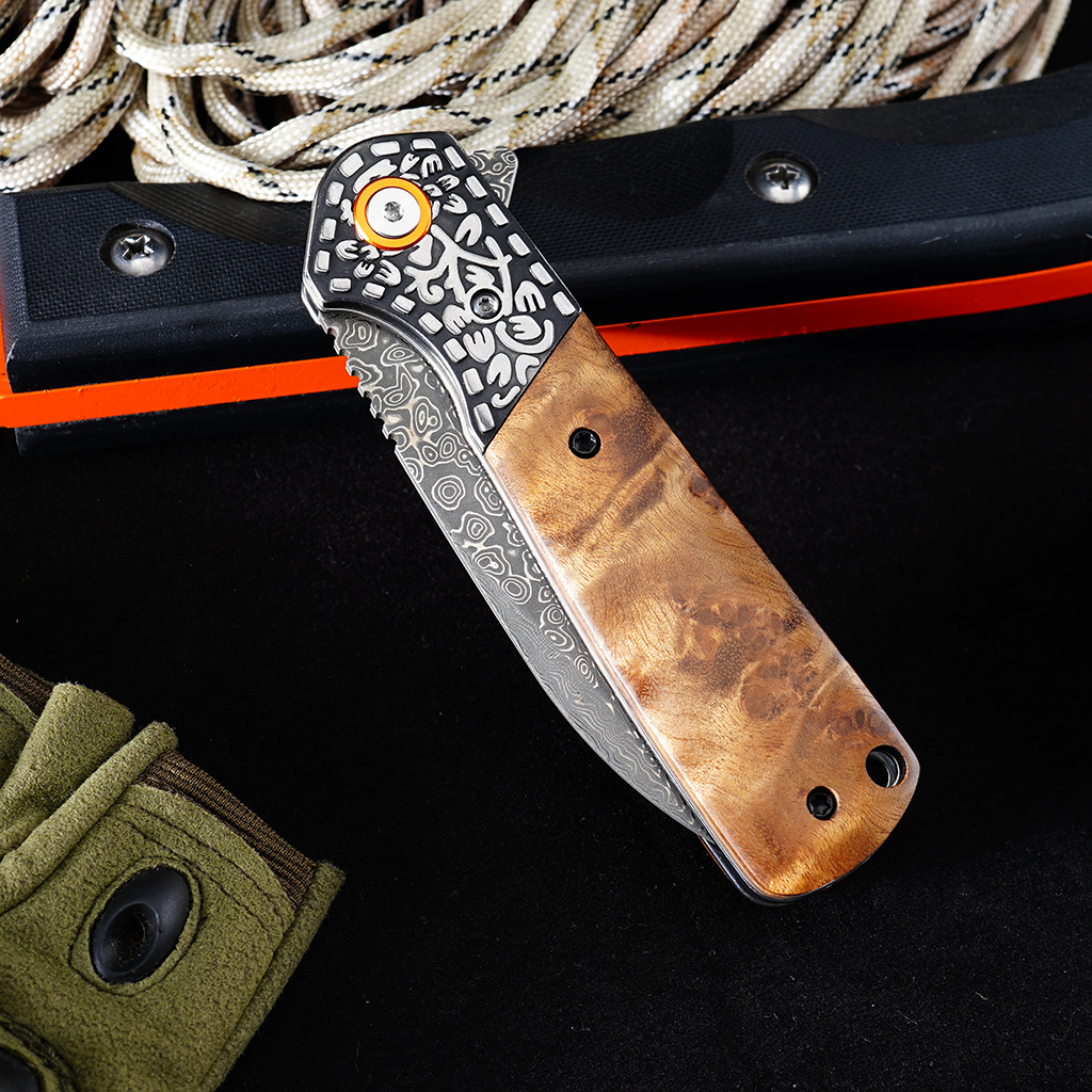 Tunafire GT-DM050 EDC Pocket Folding Knife Ebony Wood Handle 3.31"Damascus Steel Blade Outdoor Survival Tool