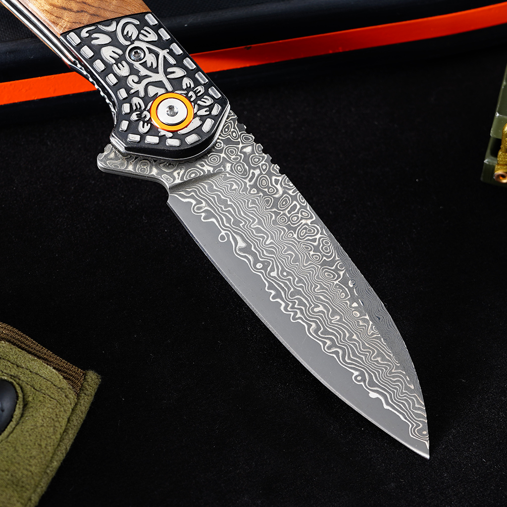 Tunafire GT-DM050 EDC Pocket Folding Knife Ebony Wood Handle 3.31"Damascus Steel Blade Outdoor Survival Tool