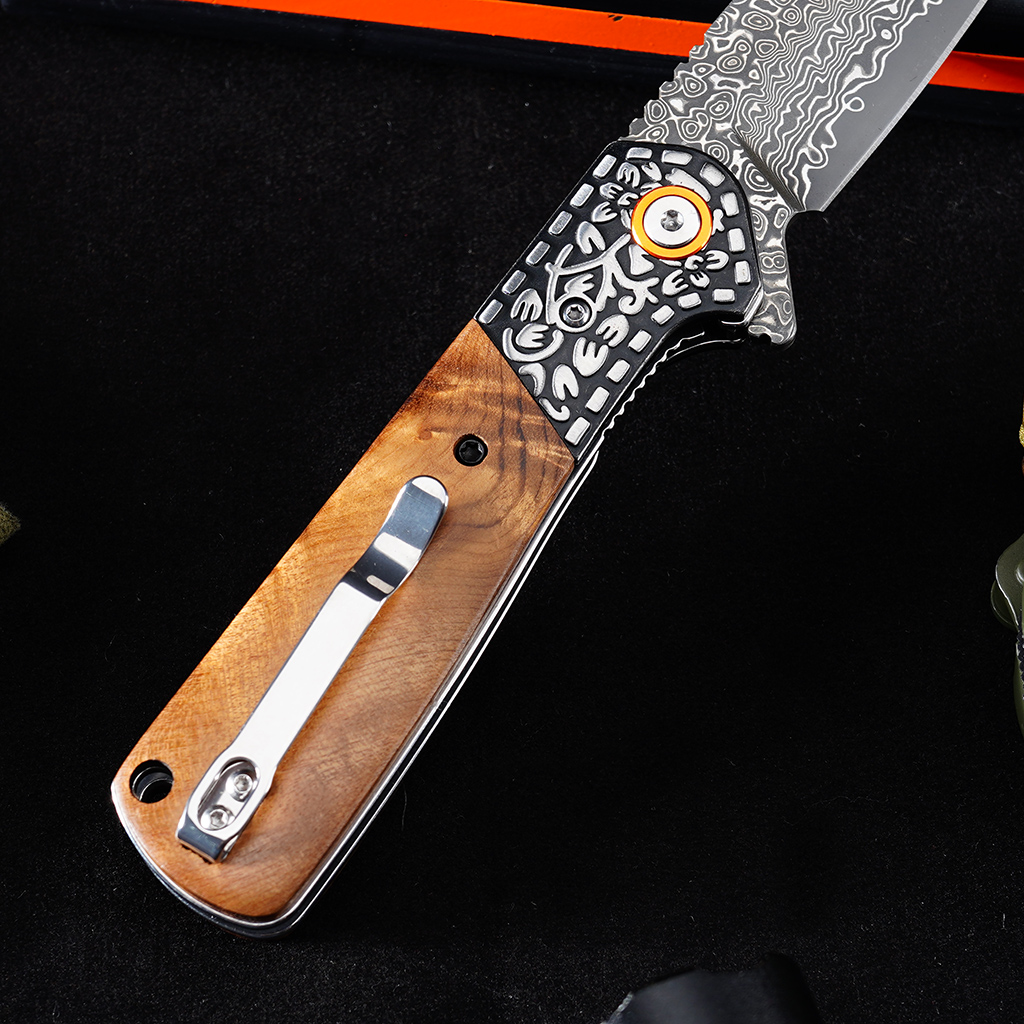 Tunafire GT-DM050 EDC Pocket Folding Knife Ebony Wood Handle 3.31"Damascus Steel Blade Outdoor Survival Tool