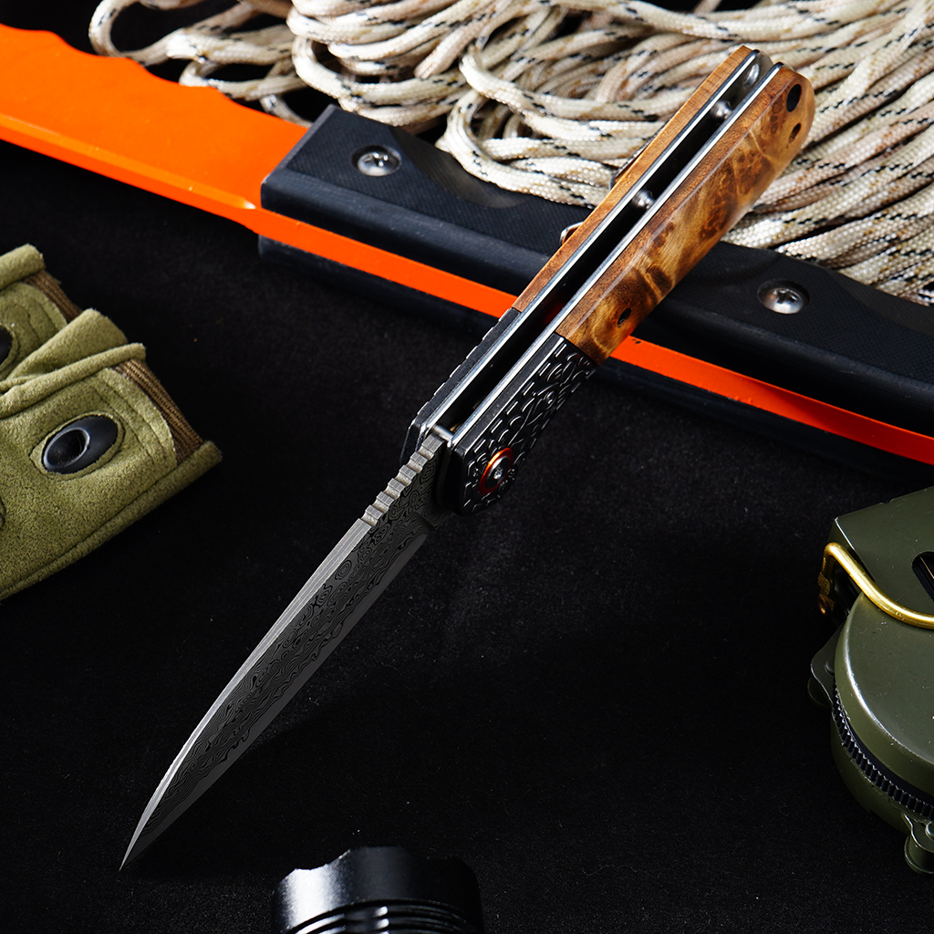 Tunafire GT-DM050 EDC Pocket Folding Knife Ebony Wood Handle 3.31"Damascus Steel Blade Outdoor Survival Tool