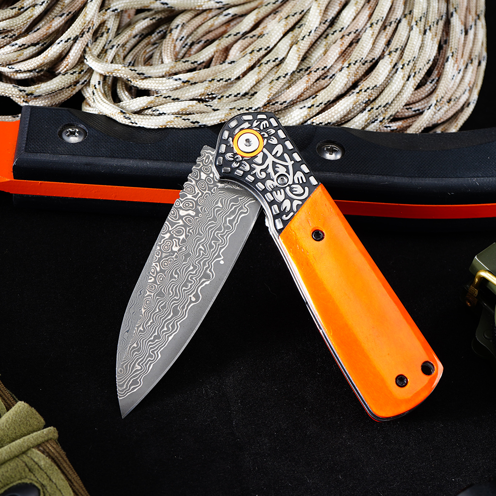Tunafire Knives Flipper Folding Knife 3.31" Damascus Blade Orange Bone Handle Camping Hiking Pocket Knife GT-DM050