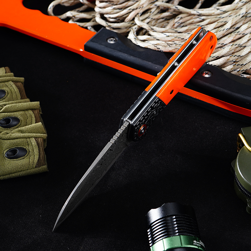 Tunafire Knives Flipper Folding Knife 3.31" Damascus Blade Orange Bone Handle Camping Hiking Pocket Knife GT-DM050