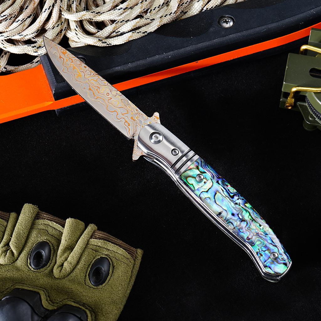 Tunafire GT0214 VG10 Core Copper Damascus Folding Knife | 59-60HRC Ball Bearing Pocket Knife Fine Brass Head + 3A Premium Shell Handle EDC Pocket Knife