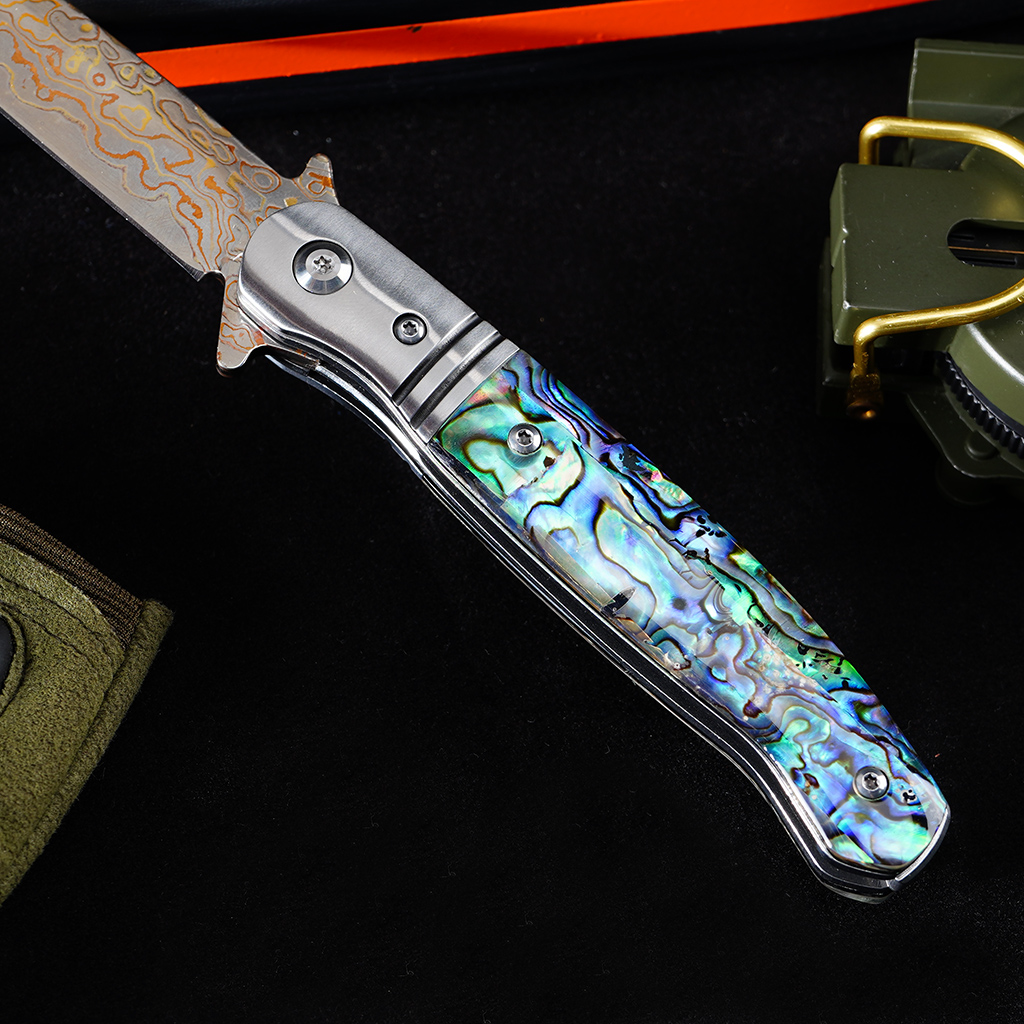 Tunafire GT0214 VG10 Core Copper Damascus Folding Knife | 59-60HRC Ball Bearing Pocket Knife Fine Brass Head + 3A Premium Shell Handle EDC Pocket Knife