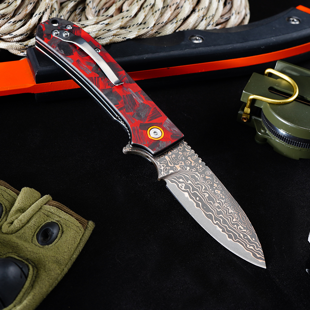 Tunafire Knife GT-DM044-2 VG10 Core Copper Damascus Folding Knife Red Carbon Fiber Handle 58-59HRC Ball Bearing EDC Pocket Knife