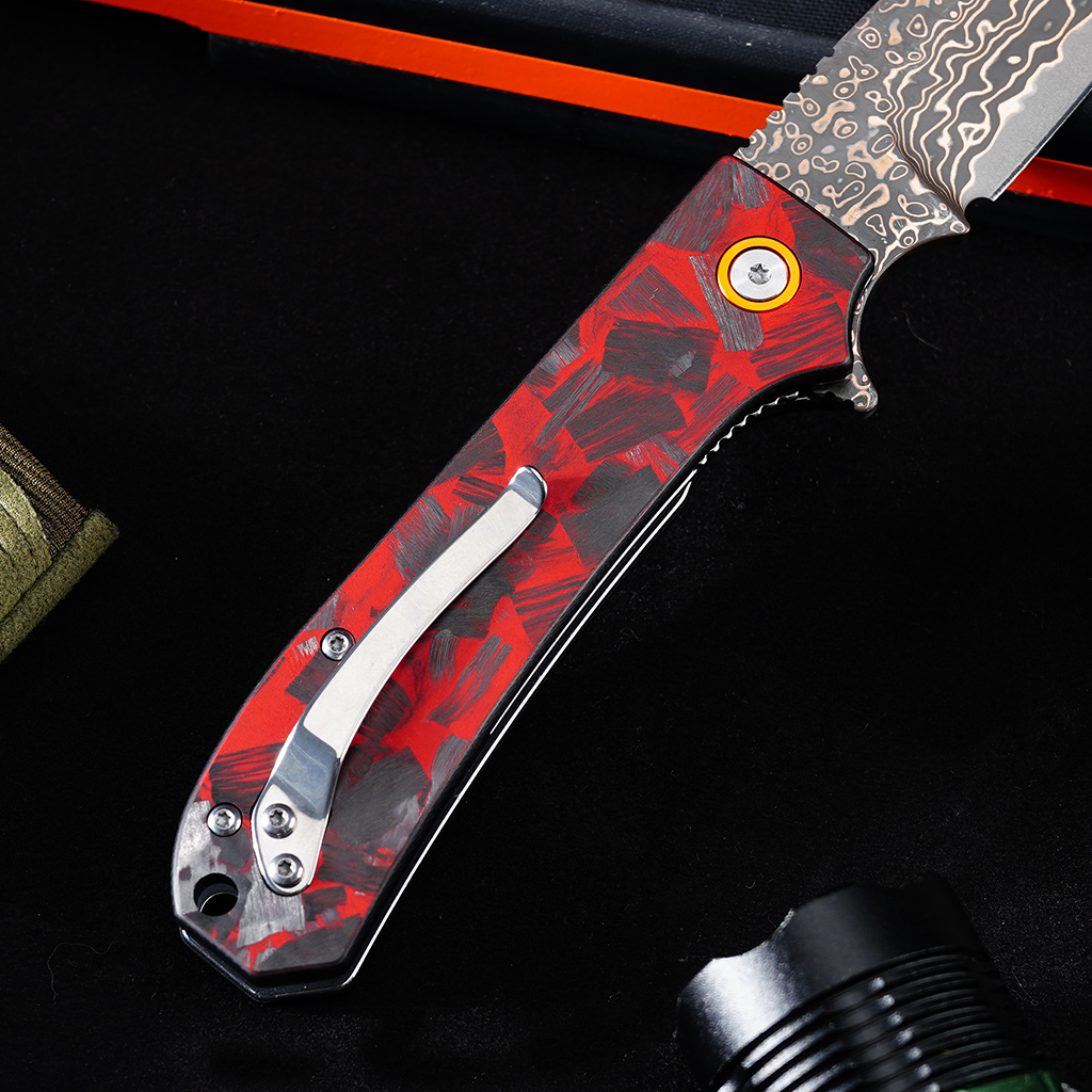Tunafire Knife GT-DM044-2 VG10 Core Copper Damascus Folding Knife Red Carbon Fiber Handle 58-59HRC Ball Bearing EDC Pocket Knife