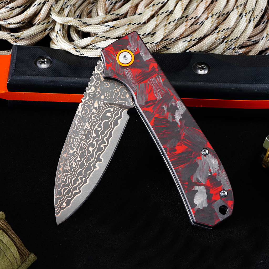Tunafire Knife GT-DM044-2 VG10 Core Copper Damascus Folding Knife Red Carbon Fiber Handle 58-59HRC Ball Bearing EDC Pocket Knife