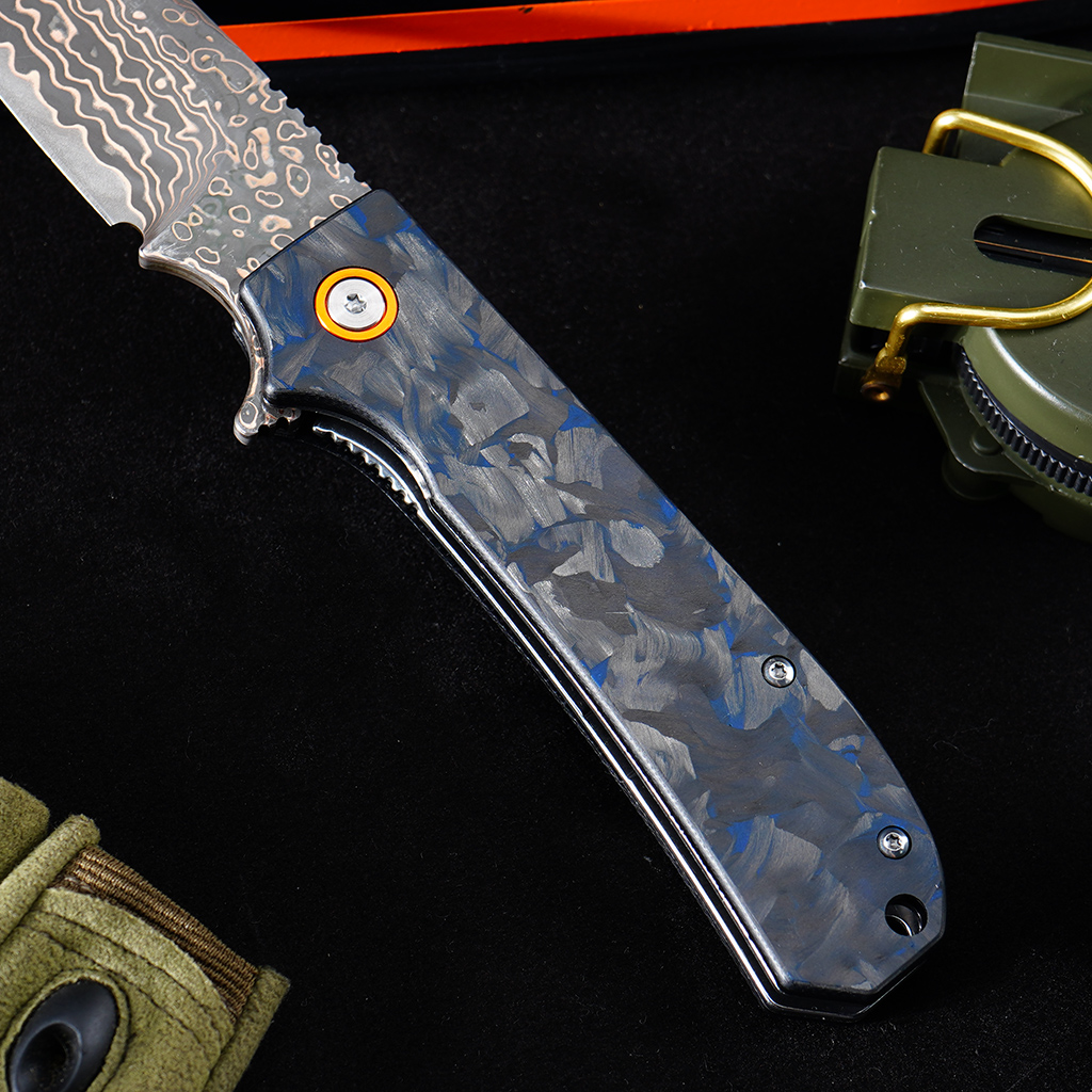 Tunafire Knife Pocket Folding Knife GT-DM044-2 | Copper Damascus Blade with VG10 Core | Blue Carbon Fiber Grip Ball Bearing EDC Outdoor Cutting Tool
