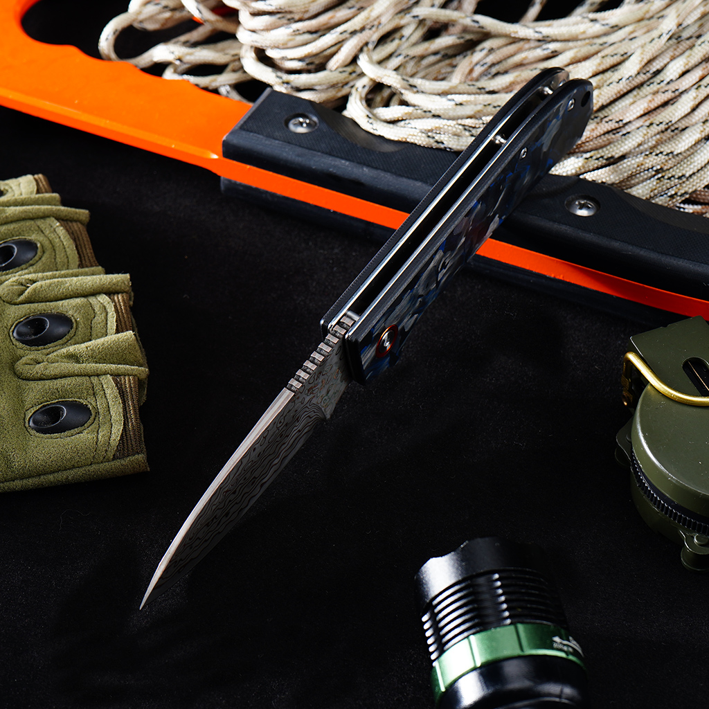 Tunafire Knife Pocket Folding Knife GT-DM044-2 | Copper Damascus Blade with VG10 Core | Blue Carbon Fiber Grip Ball Bearing EDC Outdoor Cutting Tool