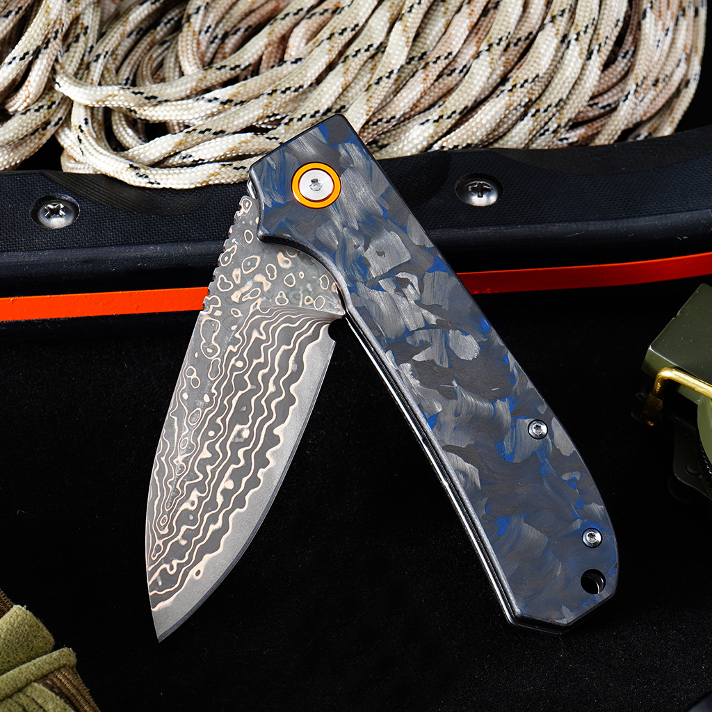 Tunafire Knife Pocket Folding Knife GT-DM044-2 | Copper Damascus Blade with VG10 Core | Blue Carbon Fiber Grip Ball Bearing EDC Outdoor Cutting Tool