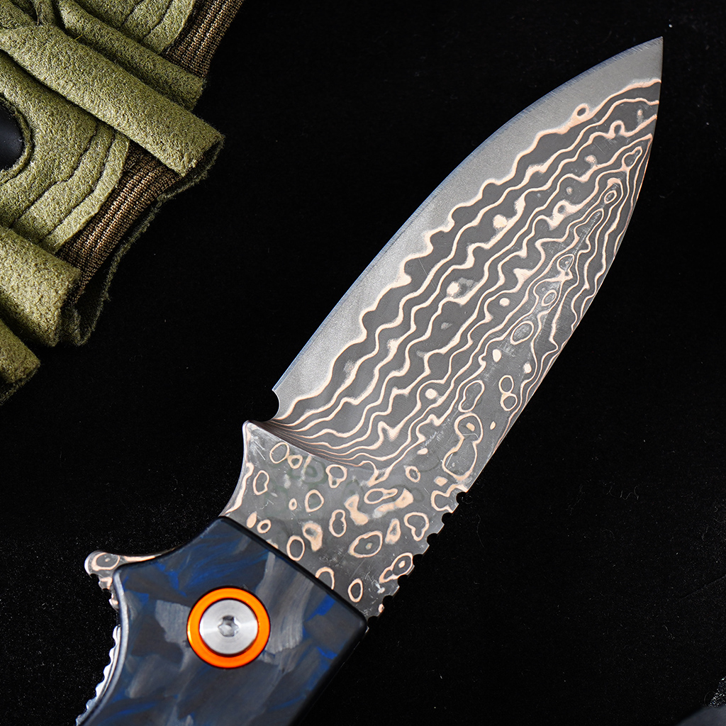 Tunafire Knife Pocket Folding Knife GT-DM044-2 | Copper Damascus Blade with VG10 Core | Blue Carbon Fiber Grip Ball Bearing EDC Outdoor Cutting Tool