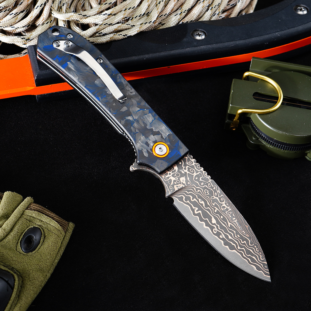 Tunafire Knife Pocket Folding Knife GT-DM044-2 | Copper Damascus Blade with VG10 Core | Blue Carbon Fiber Grip Ball Bearing EDC Outdoor Cutting Tool