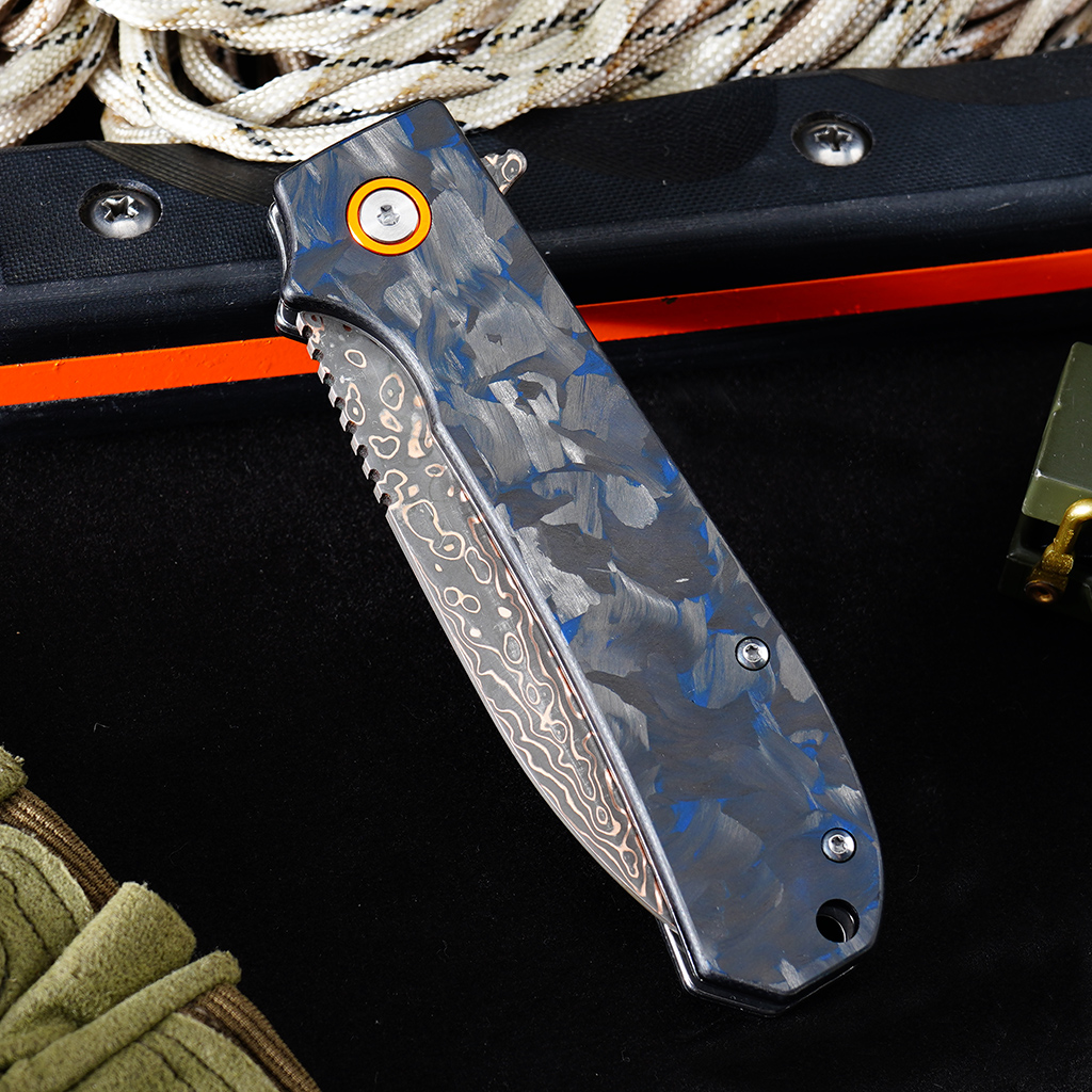 Tunafire Knife Pocket Folding Knife GT-DM044-2 | Copper Damascus Blade with VG10 Core | Blue Carbon Fiber Grip Ball Bearing EDC Outdoor Cutting Tool