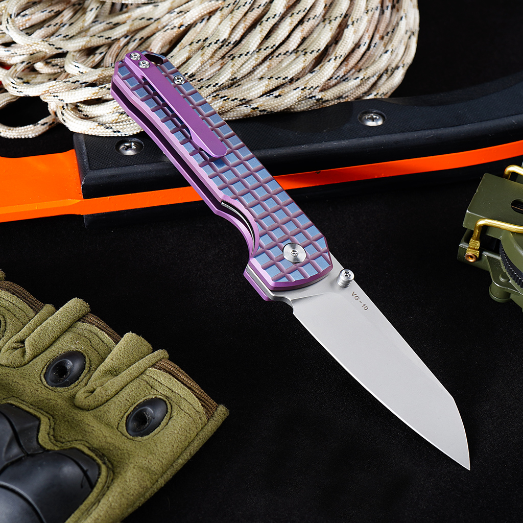 Tunafire knife GT-T0070-6 Tactical Pocket Knife Stone Wash VG10 Blade Purple Titanium Alloy Handle Portable Everyday Carry Utility Knife