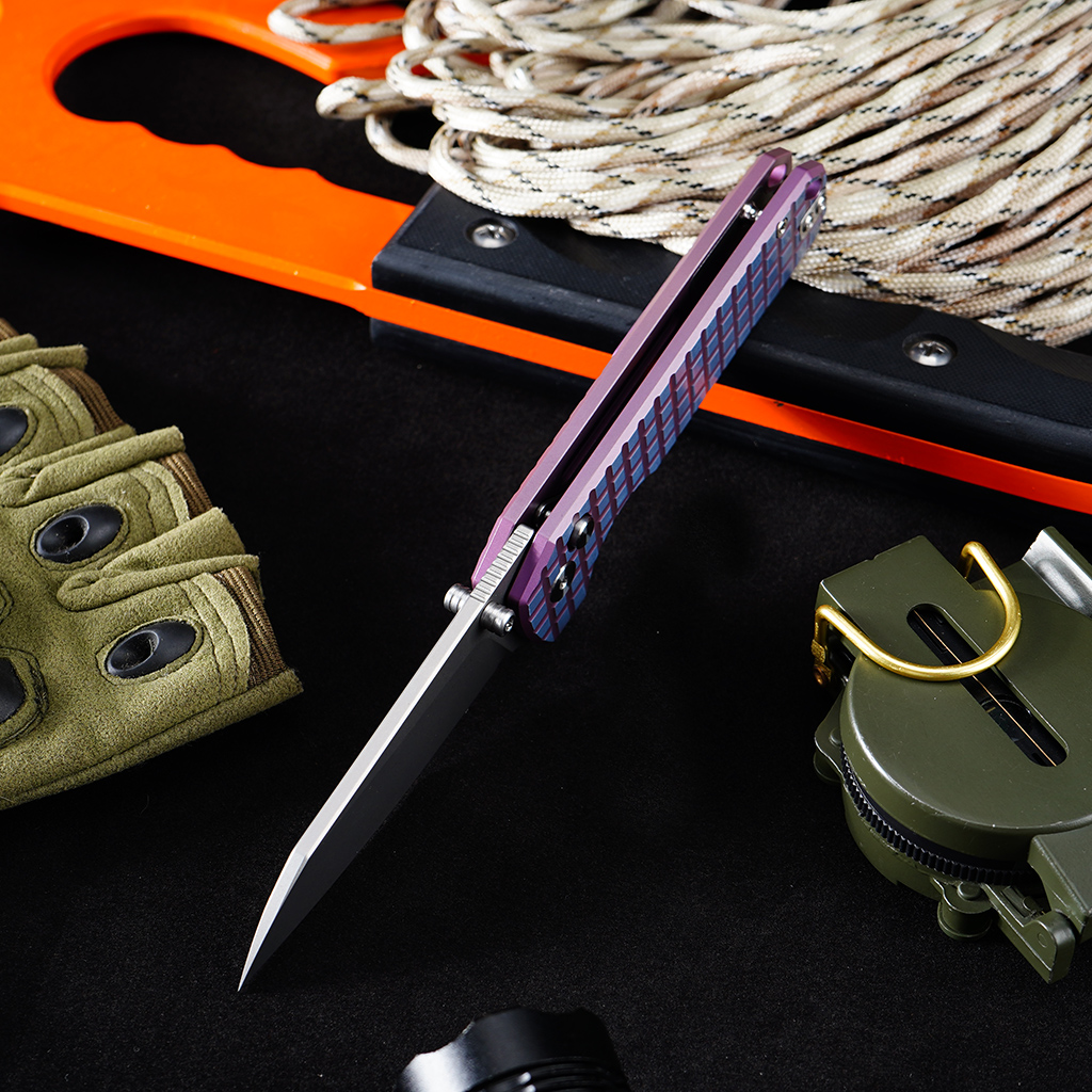 Tunafire knife GT-T0070-6 Tactical Pocket Knife Stone Wash VG10 Blade Purple Titanium Alloy Handle Portable Everyday Carry Utility Knife