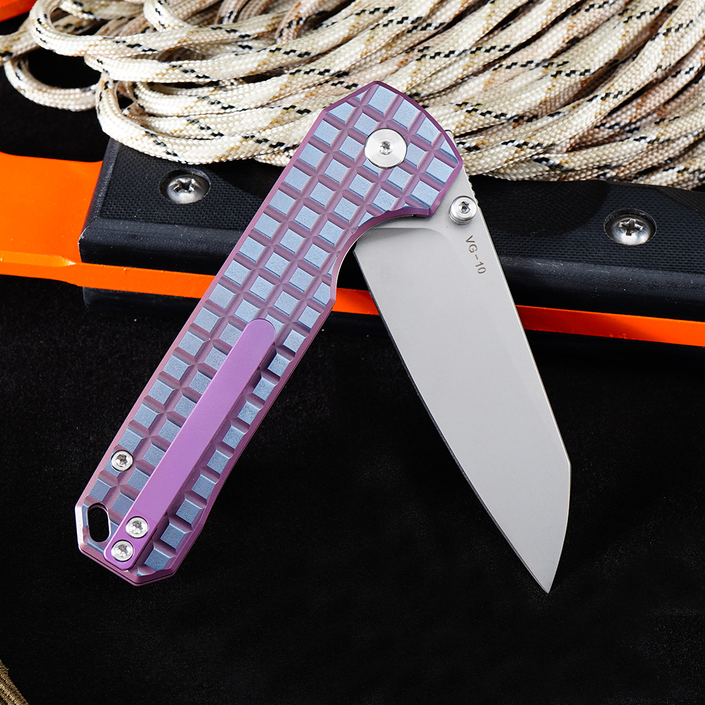 Tunafire knife GT-T0070-6 Tactical Pocket Knife Stone Wash VG10 Blade Purple Titanium Alloy Handle Portable Everyday Carry Utility Knife