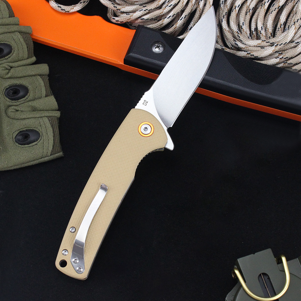 Tunafire Knife GT-T0067 D2 Steel Stone washing Blade Flipper Knife Khaki G10 Handle Ball Bearing EDC Pocket Knife
