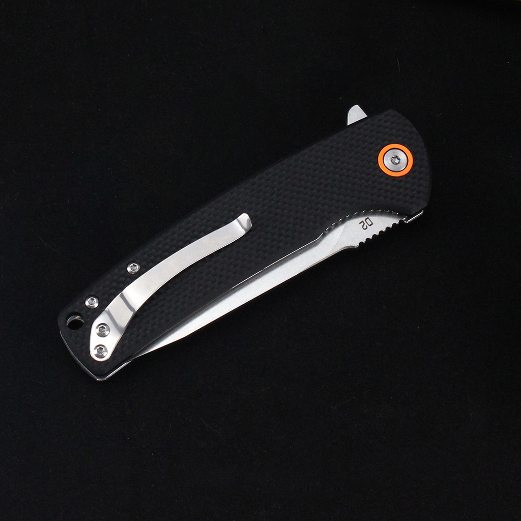 Tunafire Knife GT-T0067 Flipper Folding Knife D2 Steel Stone washing Blade Black G10 Handle Camping Survival EDC Pocket Knife