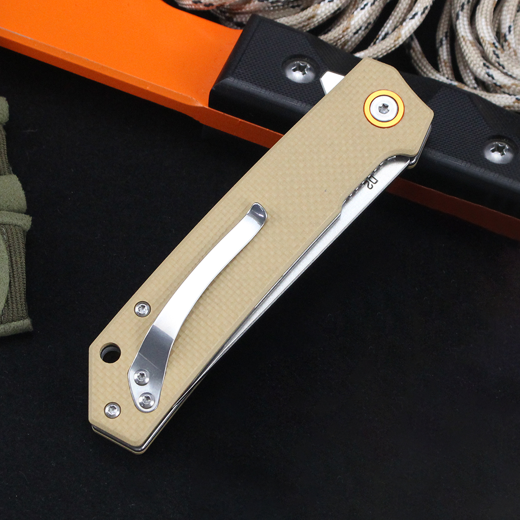 Tunafire Knife GT-T0066 Stonewashed D2 Blade Folding Knife Lightweight EDC Pocket Tool with G10 Handle