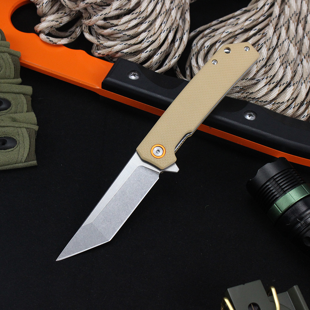 Tunafire Knife GT-T0066 Stonewashed D2 Blade Folding Knife Lightweight EDC Pocket Tool with G10 Handle