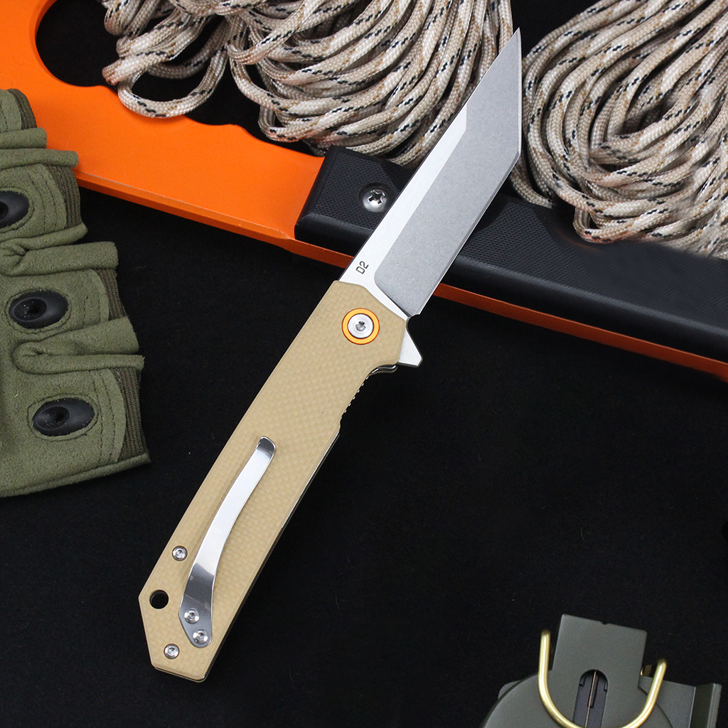 Tunafire Knife GT-T0066 Stonewashed D2 Blade Folding Knife Lightweight EDC Pocket Tool with G10 Handle