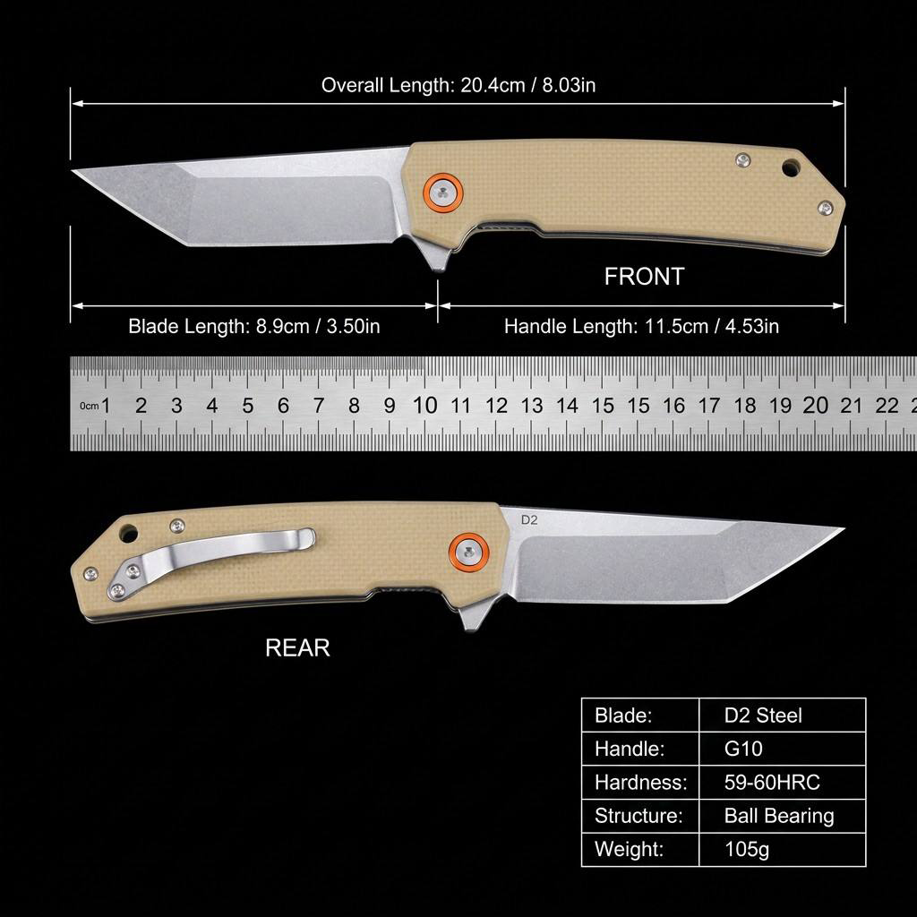 Tunafire Knife GT-T0066 Stonewashed D2 Blade Folding Knife Lightweight EDC Pocket Tool with G10 Handle