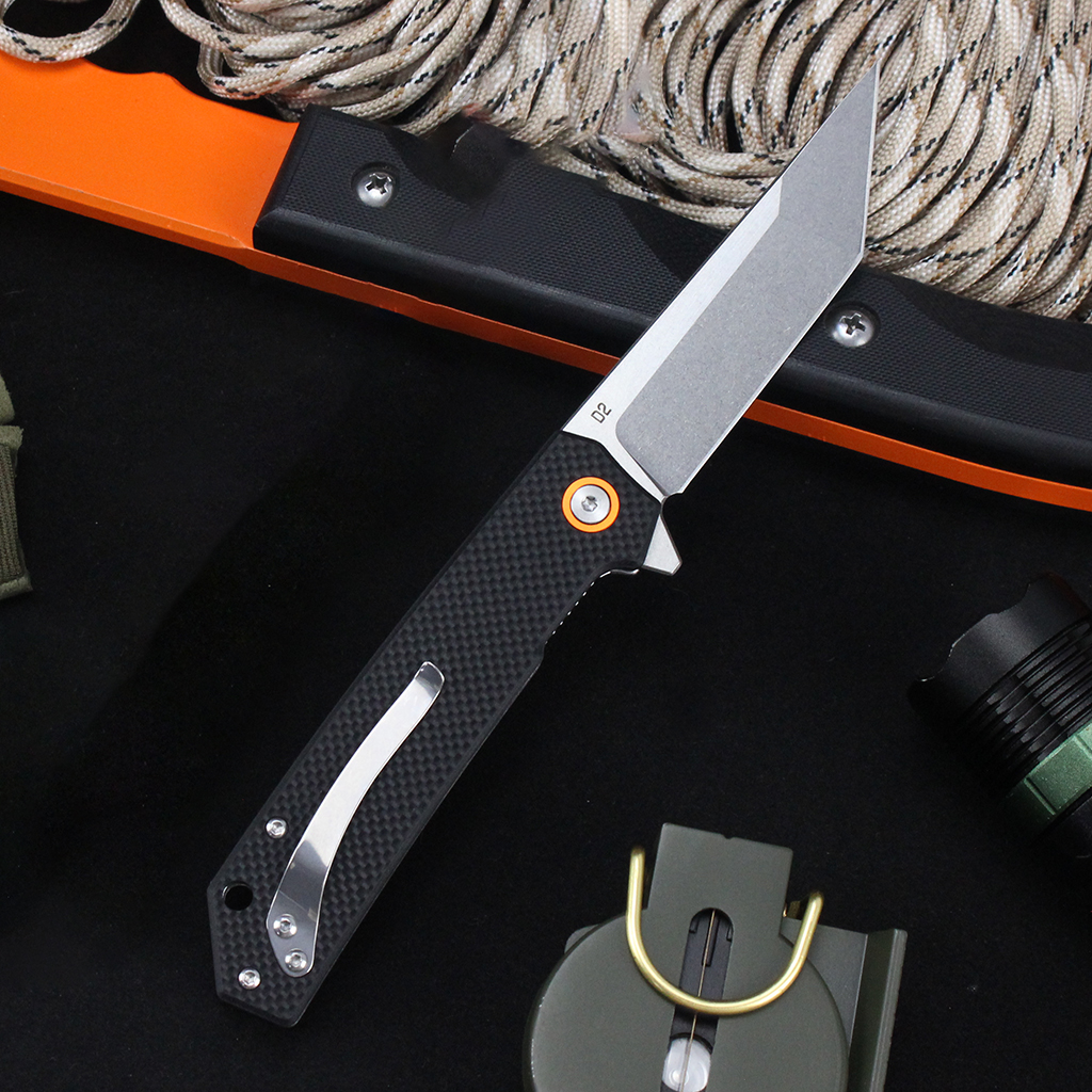 Tunafire Knife GT-T0066 Stone washing D2 Steel Folding Pocket Knife with Black G10 Handle Ball Bearing EDC Knife