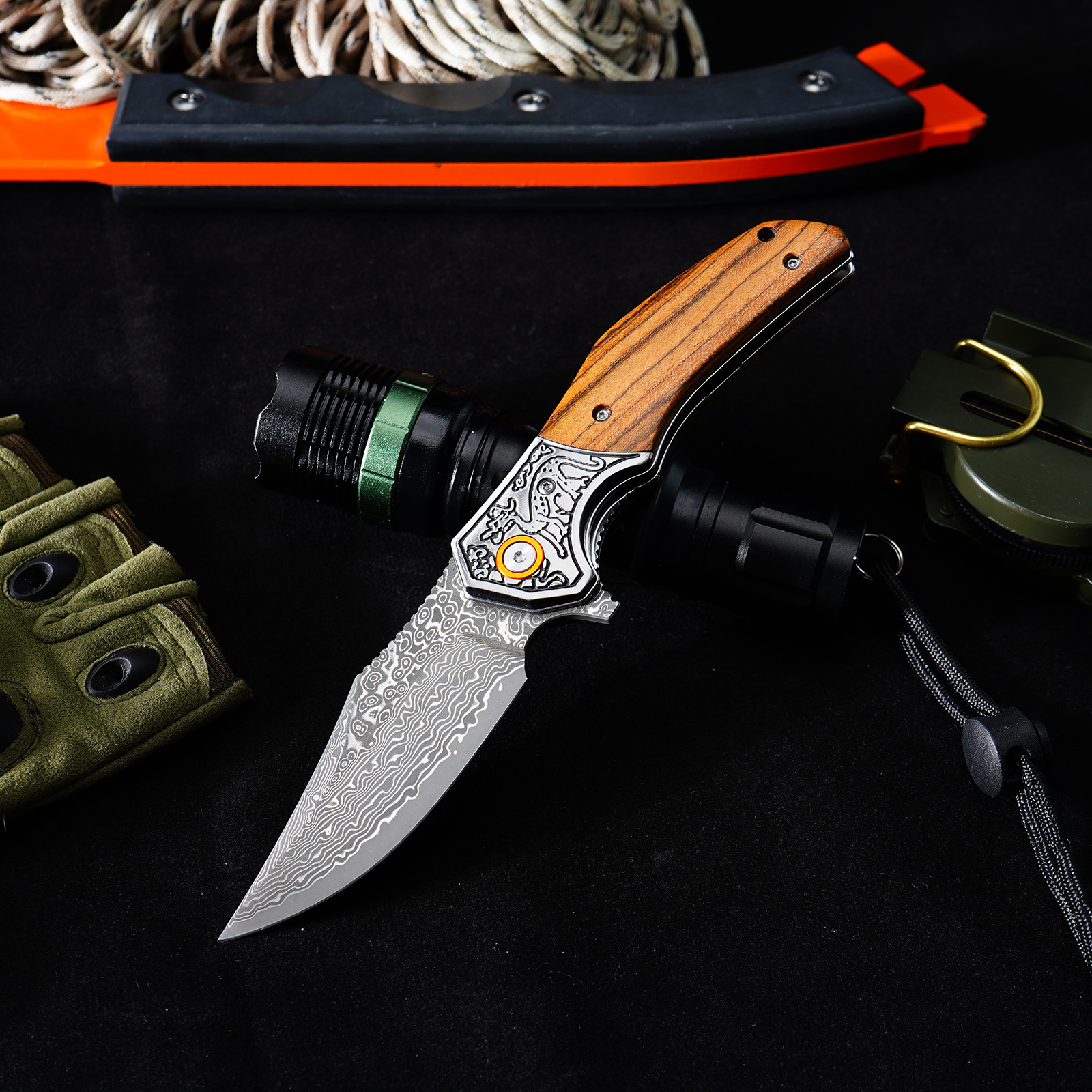 Tunafire GT-DM052 Damascus Steel Folding Knife, Zebra Wood Handle With Carved Steel Bolster Portable EDC Pocket Knife Outdoor Survival Tool