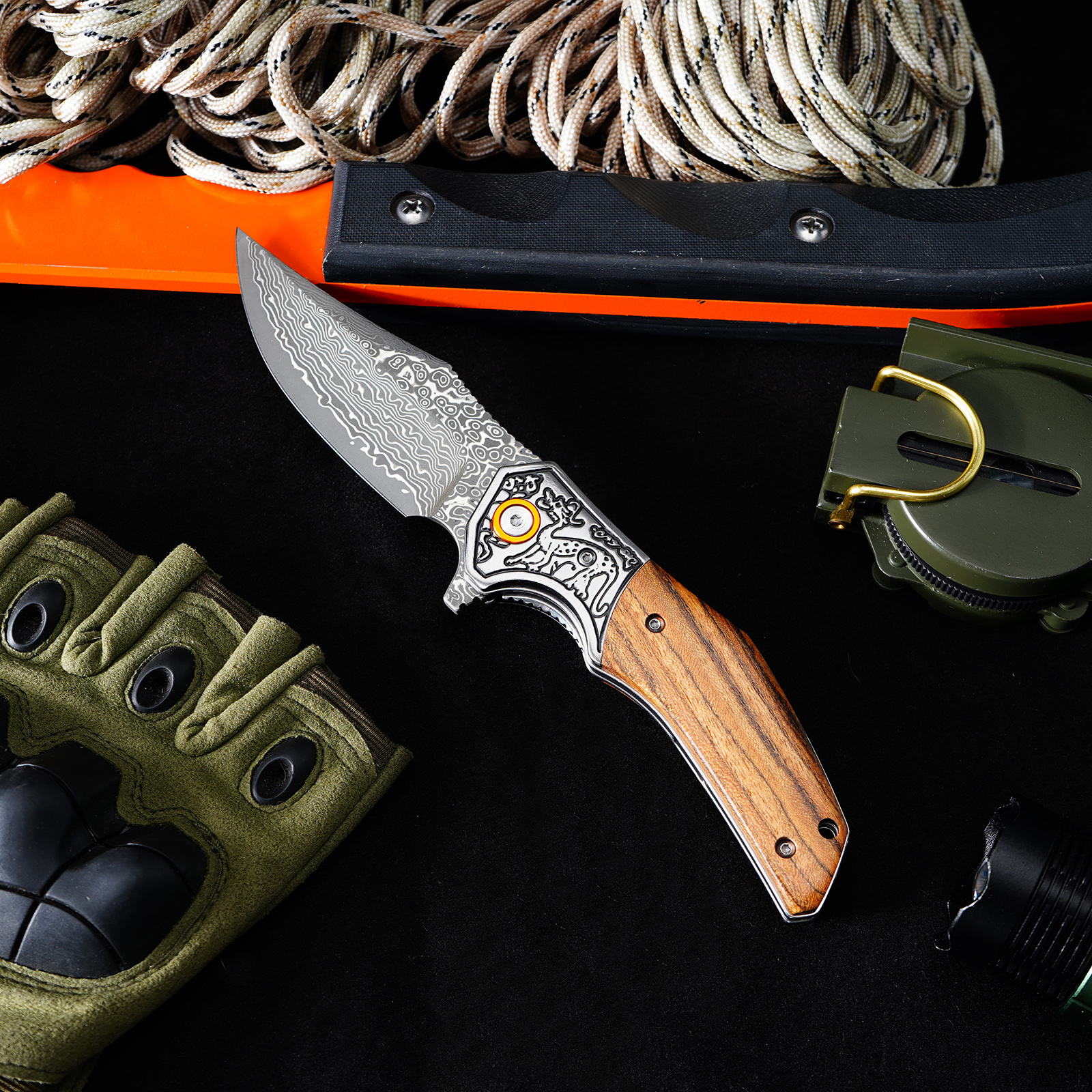 Tunafire GT-DM052 Damascus Steel Folding Knife, Zebra Wood Handle With Carved Steel Bolster Portable EDC Pocket Knife Outdoor Survival Tool