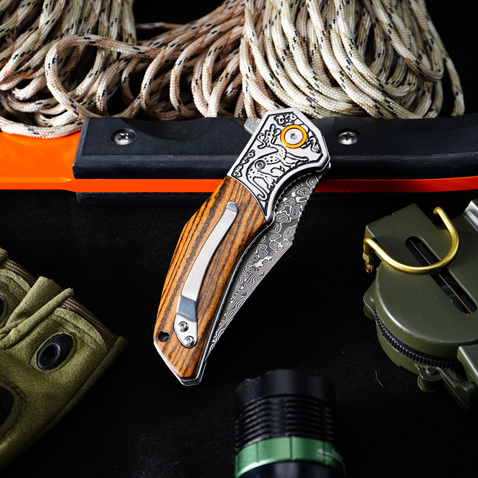 Tunafire GT-DM052 Damascus Steel Folding Knife, Zebra Wood Handle With Carved Steel Bolster Portable EDC Pocket Knife Outdoor Survival Tool