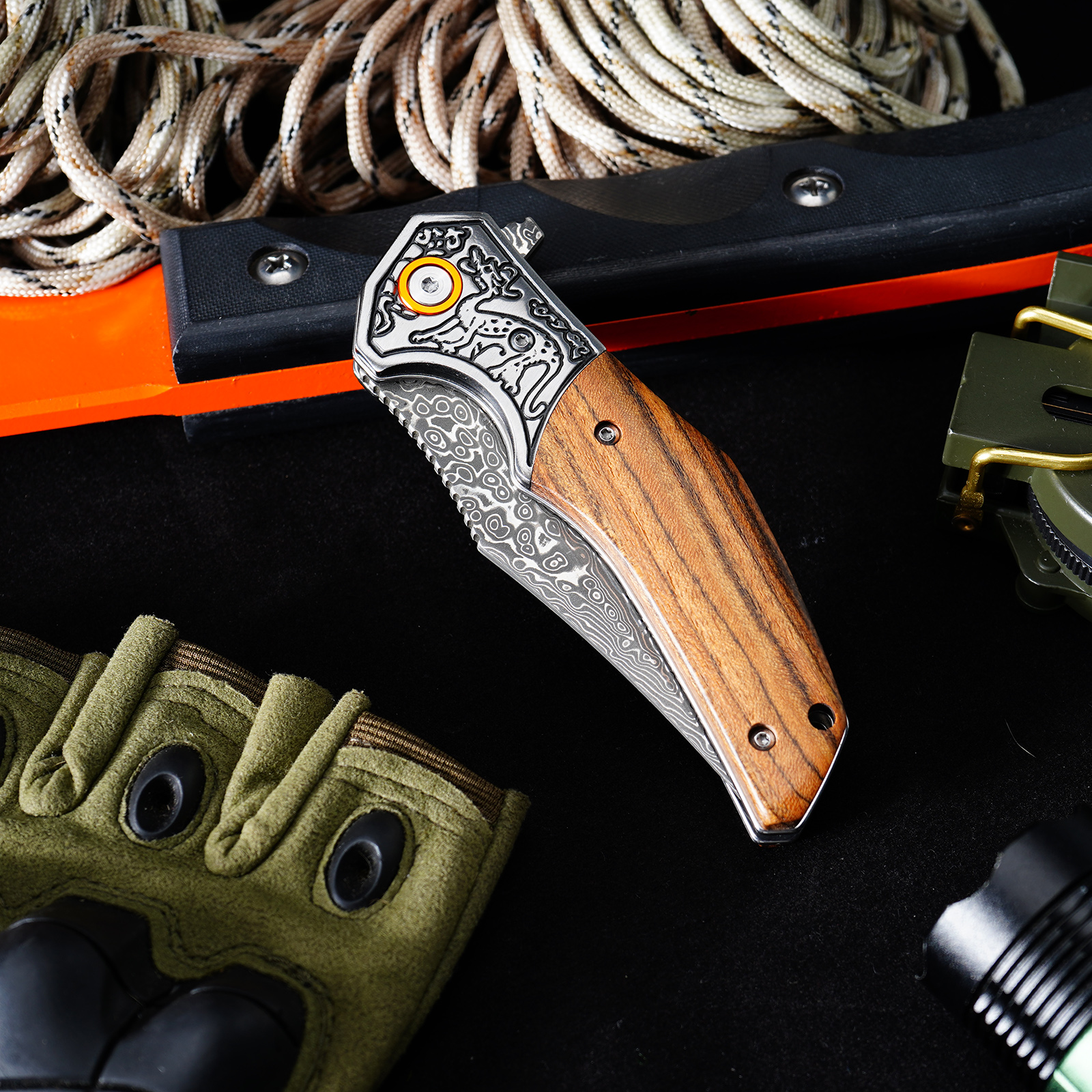 Tunafire GT-DM052 Damascus Steel Folding Knife, Zebra Wood Handle With Carved Steel Bolster Portable EDC Pocket Knife Outdoor Survival Tool